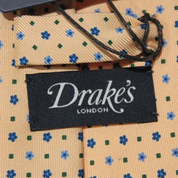 Drake's NWT Neck Tie Beige w/ Blue & Green Mini Floral / Geo Pattern 100% Silk